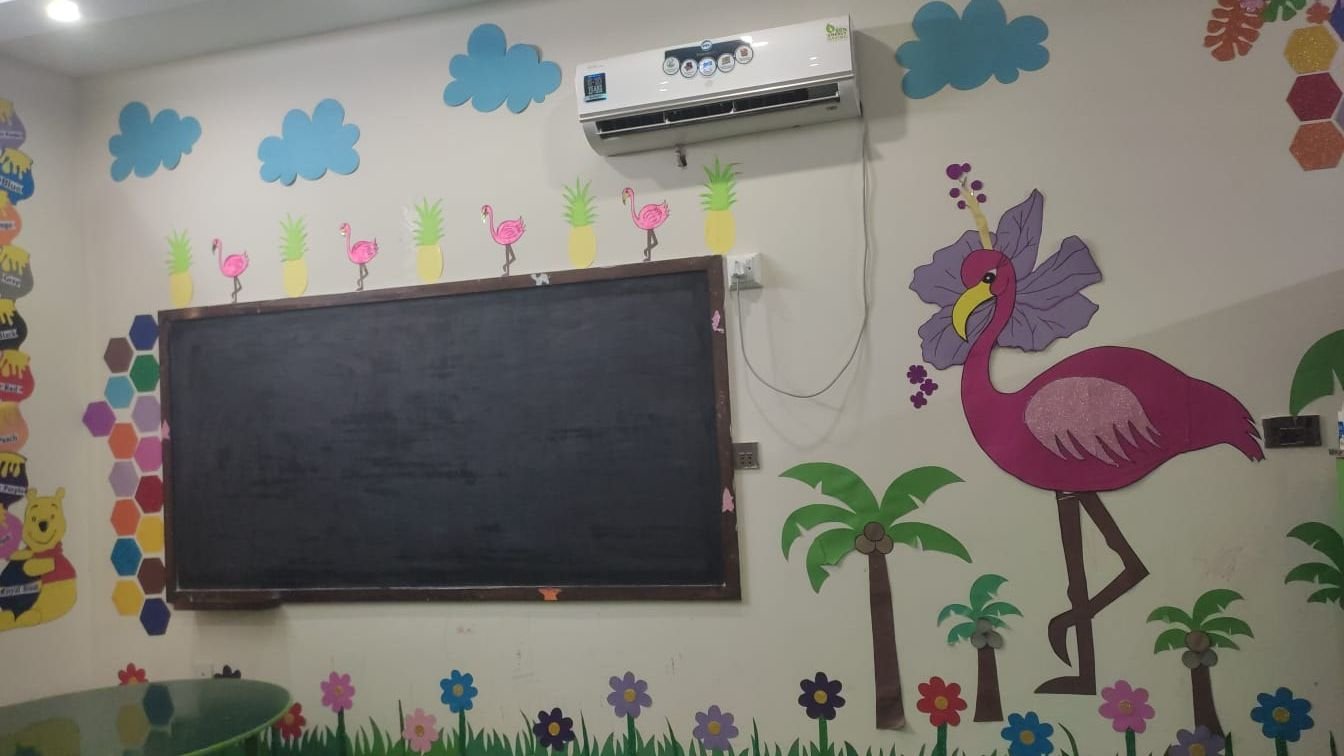 Decorated classroom wall with blackboard and air-conditioner