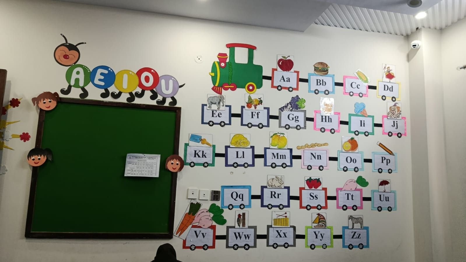 English alphabet train display on a classroom wall